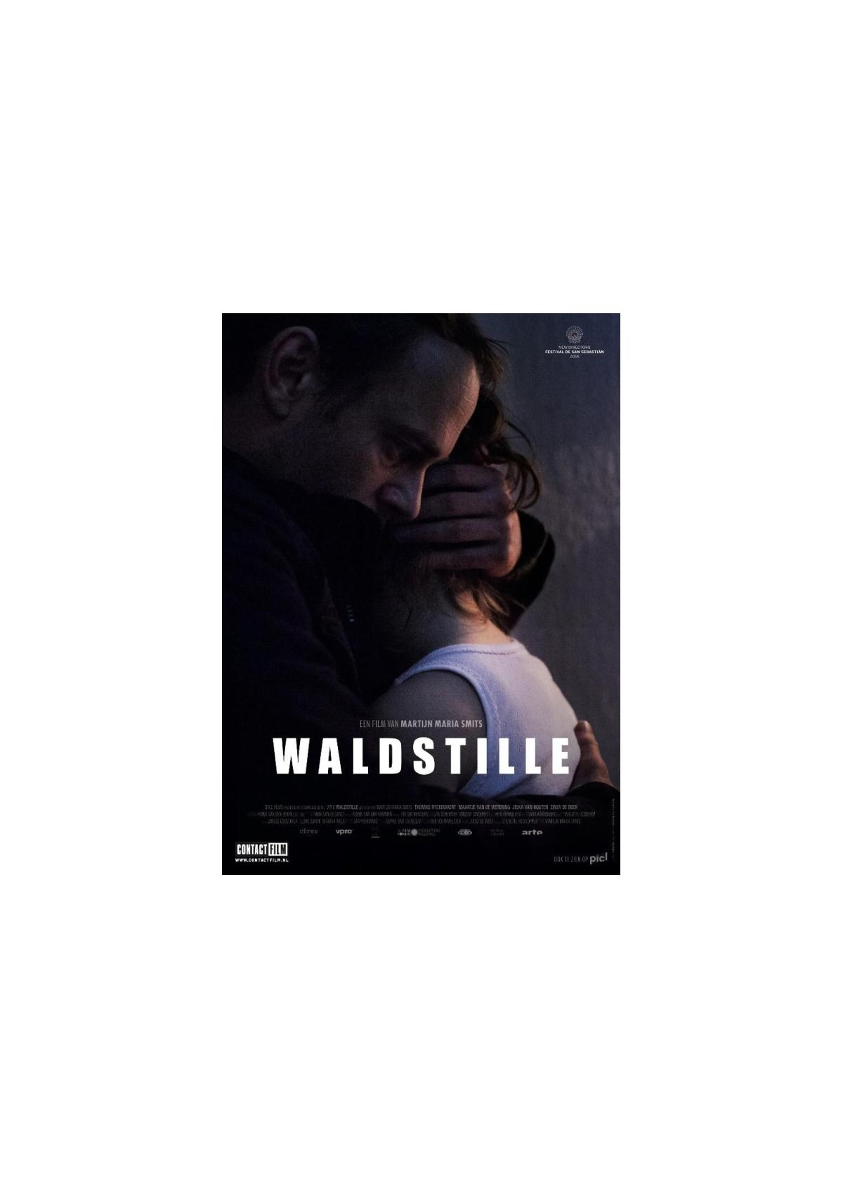 Filmposter: Twee mensen die elkaar omarmen, titel 'Waldstille'.
