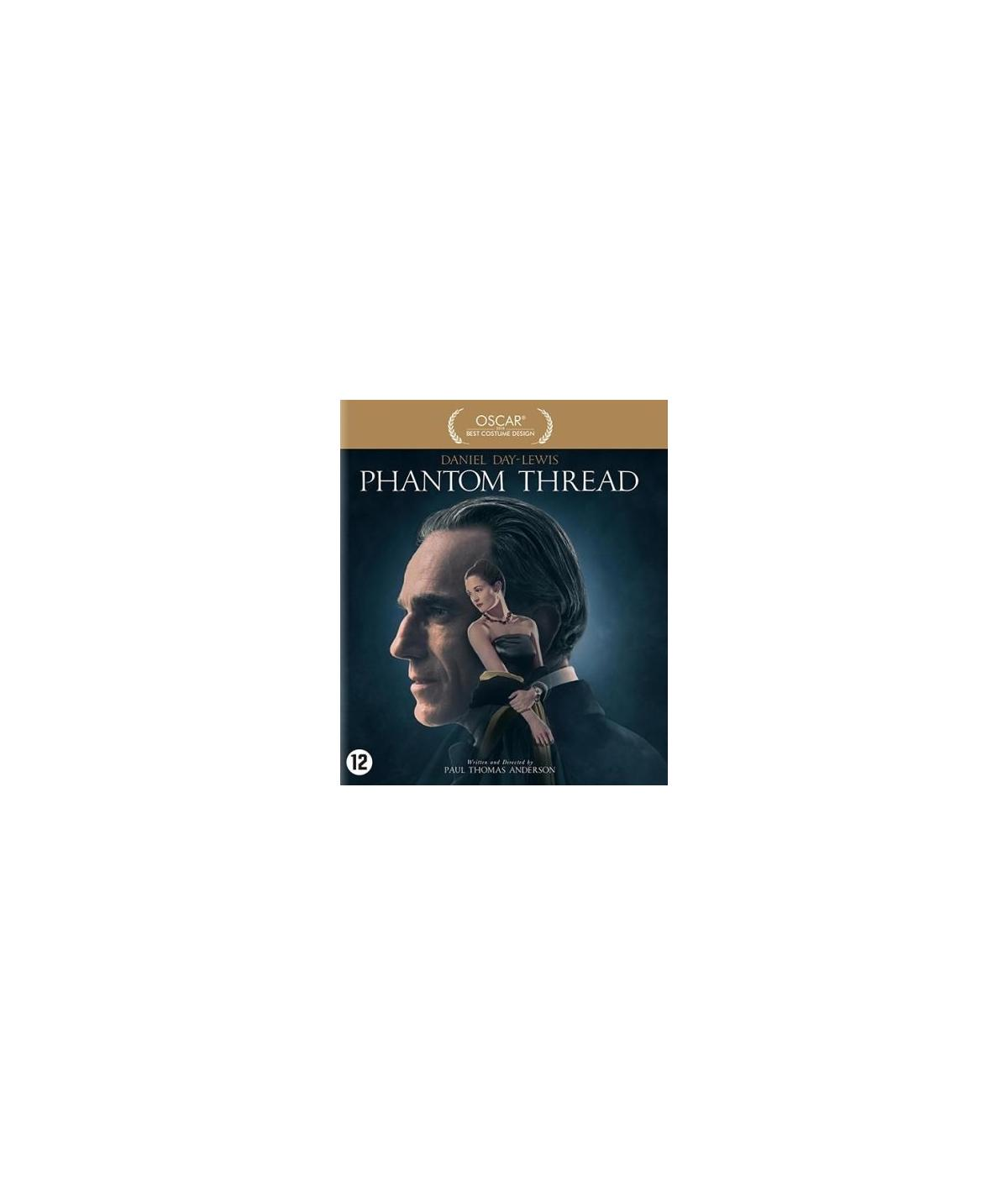 Phantom Thread-filmposter. Zijaanzicht van Daniel Day-Lewis, afbeelding van een vrouw in zijn hoofd.