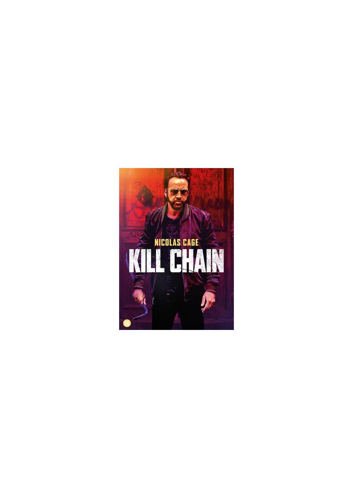 Filmposter: Nicolas Cage in een leren jas. Titel: KILL CHAIN.