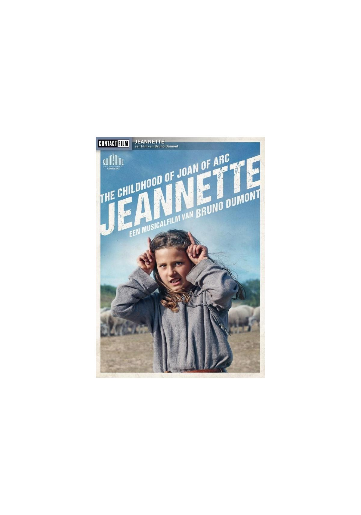 Filmposter met een meisje dat horens maakt met haar vingers. Titel luidt 'Jeannette'. Schapen en velden op de achtergrond.