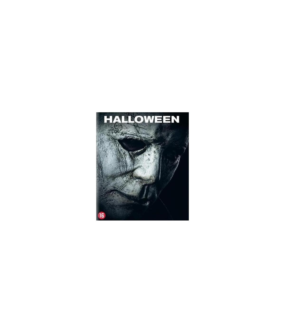 Filmposter met een close-up van een eng gezicht, titel: Halloween. Nummer 16 is zichtbaar.