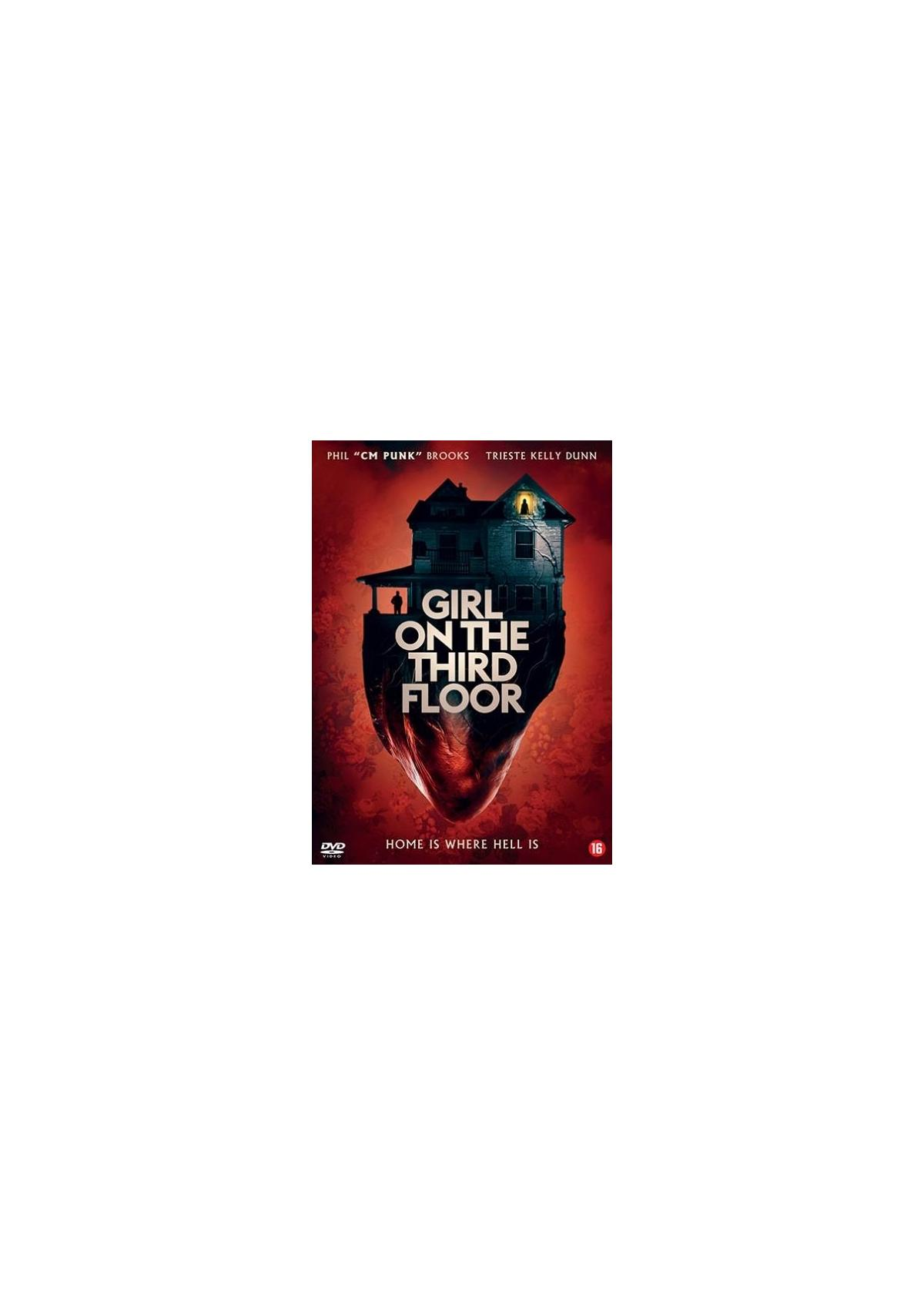 Affiche de film avec une maison au-dessus d'un visage rouge, intitulée "Girl on the Third Floor".