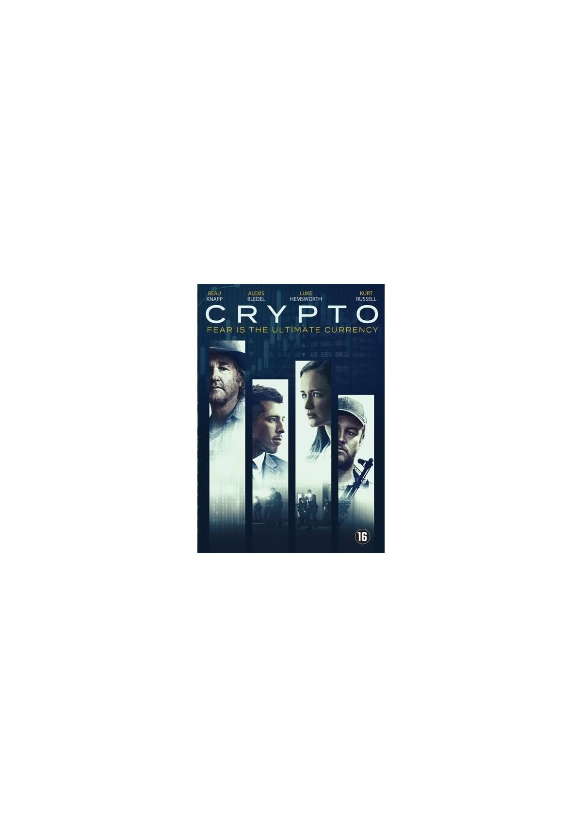Affiche du film 'Crypto'. Avec quatre personnes et un paysage urbain en arrière-plan.
