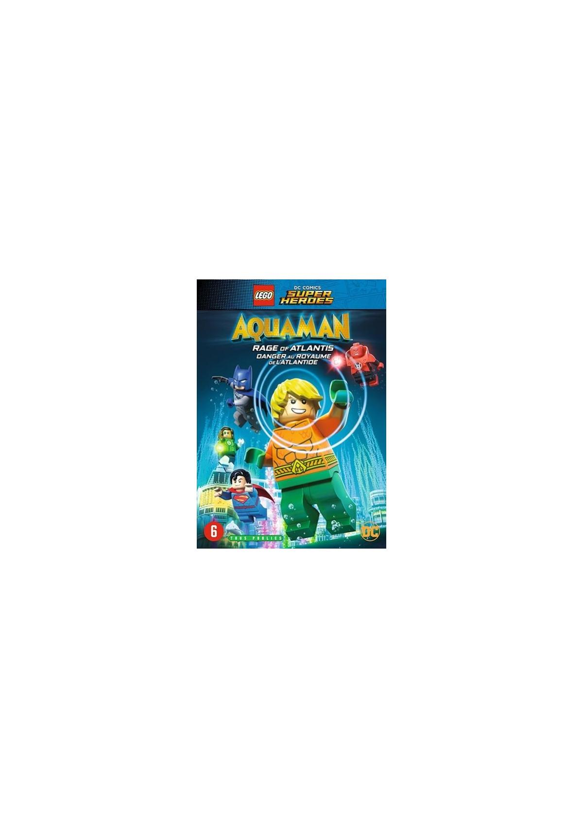 Couverture du film Lego Aquaman. Aquaman est le personnage principal. D'autres personnages et une ville sont en arrière-plan.