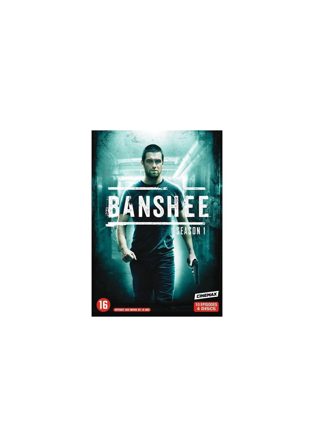 Filmposter van Banshee seizoen 1. Een man houdt een pistool vast, met een donkere achtergrond.