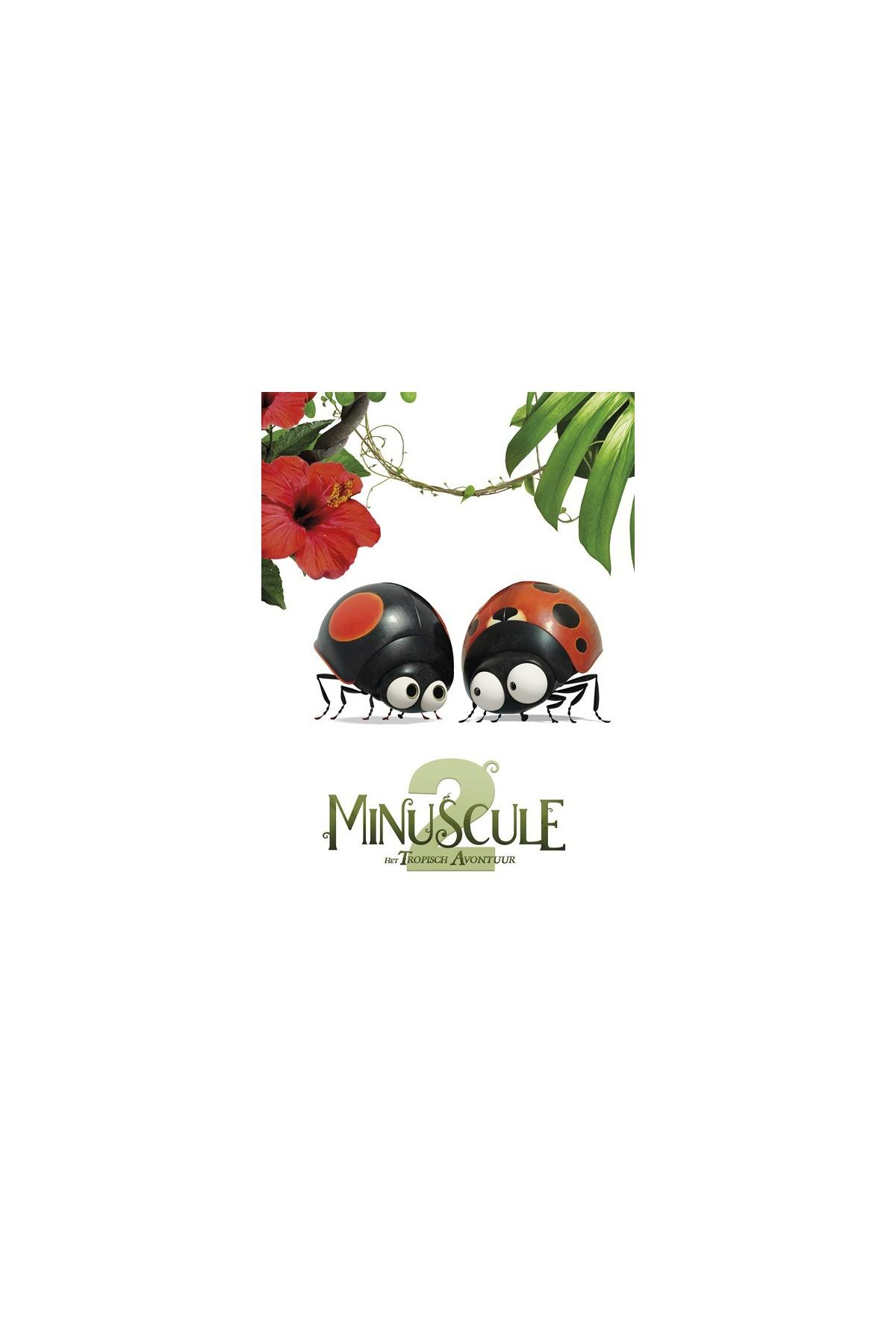 Minuscule 2 filmposter. Twee lieveheersbeestjes en een rode bloem met groene wijnranken.