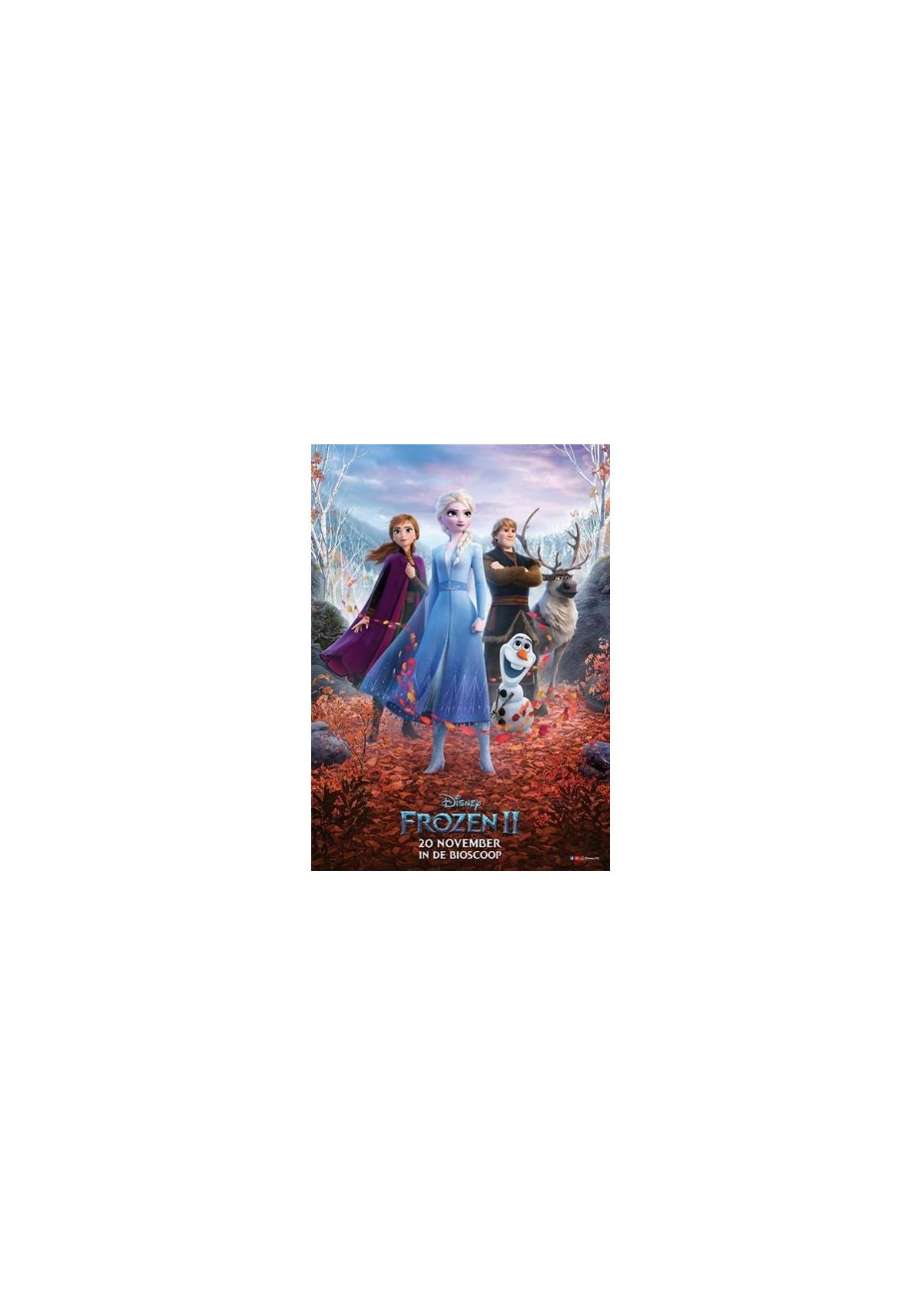 Affiche du film Frozen II. Trois filles et un renne dans une forêt, avec de la neige.