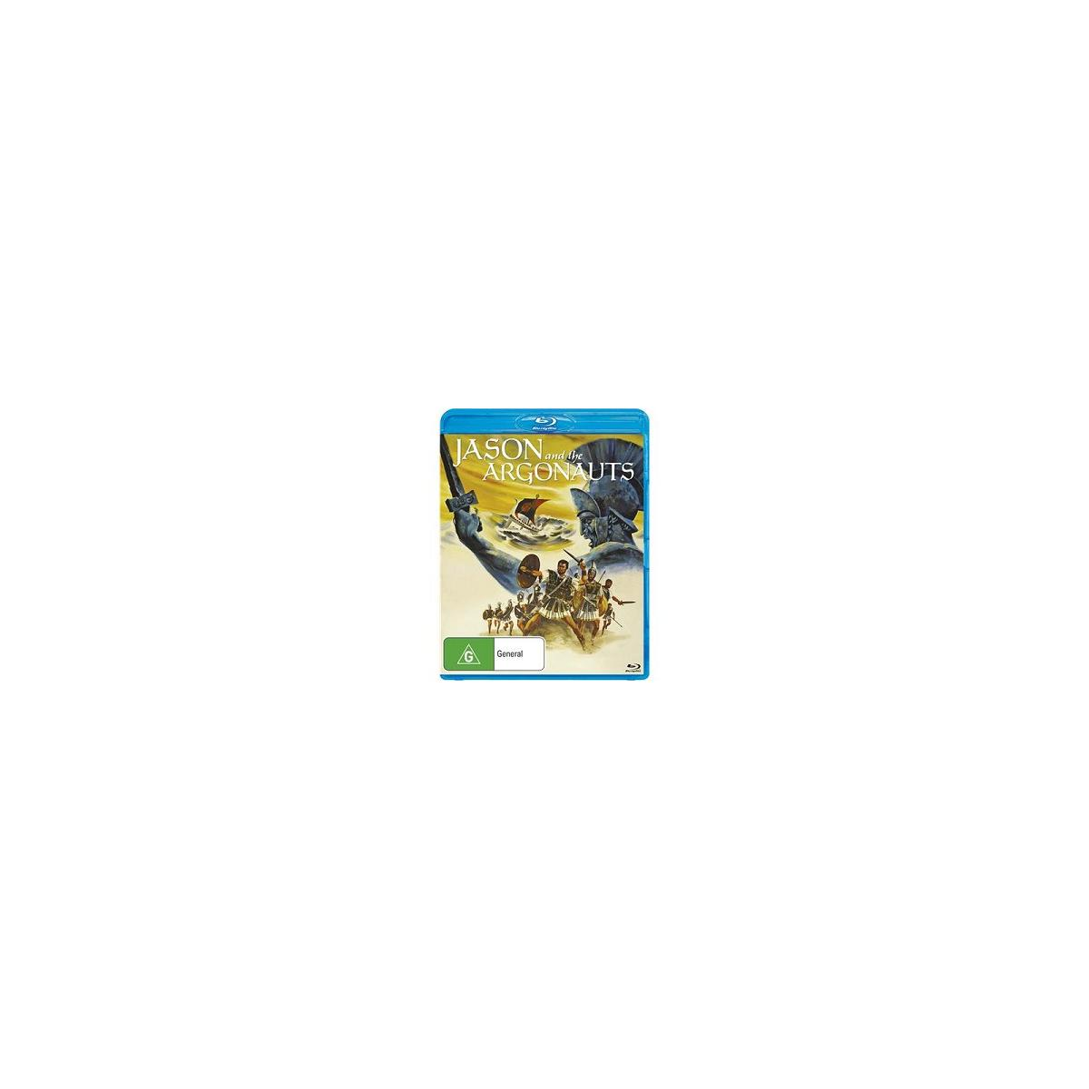 Blu-ray-hoes: 'Jason and the Argonauts' met boot en figuren. Blauwe achtergrond.