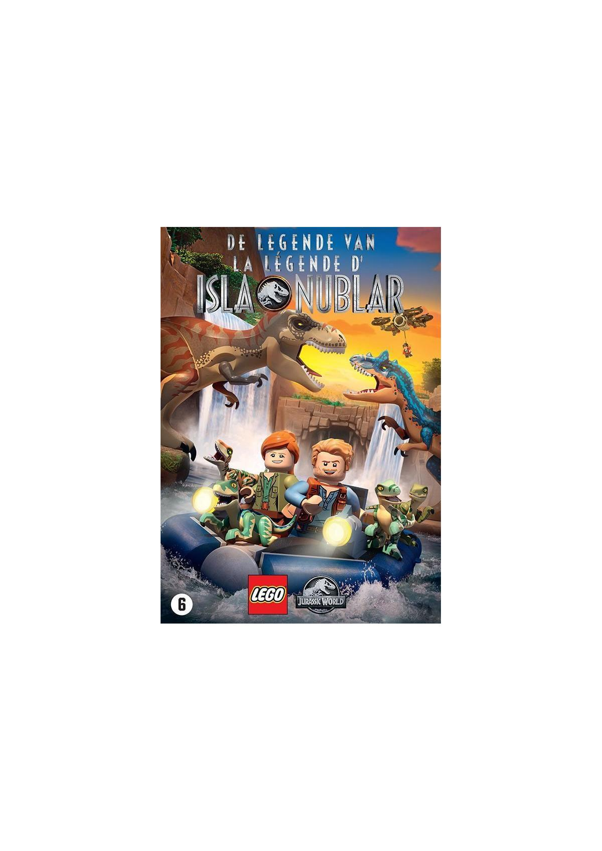Affiche LEGO Jurassic World. Personnages animés et dinosaures dans une jungle.