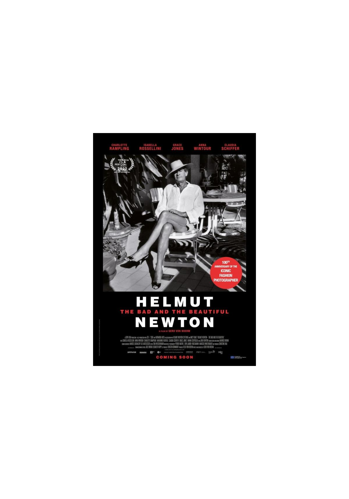 Helmut Newton : The Bad and the Beautiful, affiche du film. Femme en robe blanche.