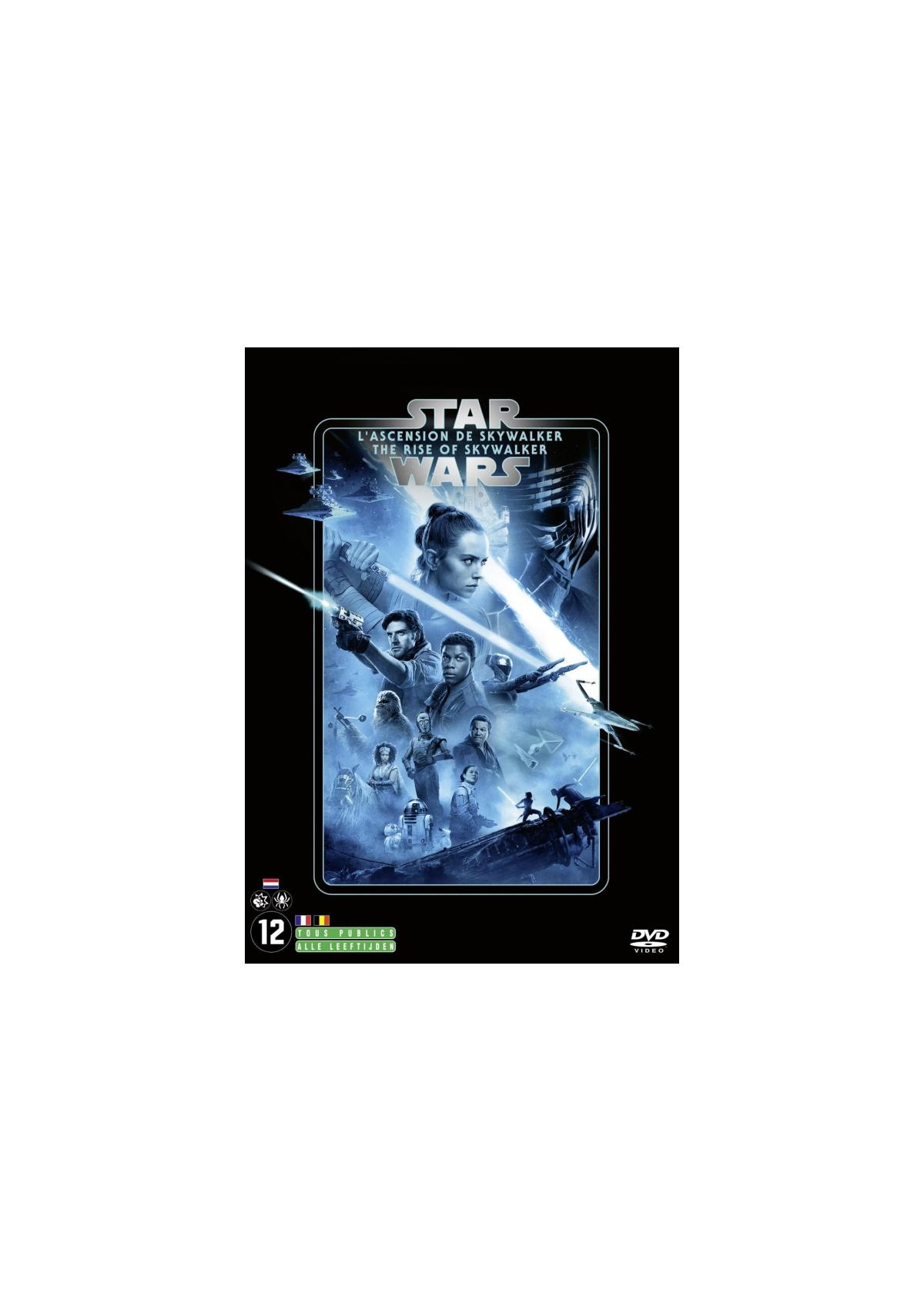 Affiche du film 'Star Wars: The Rise of Skywalker' avec plusieurs personnages et des batailles spatiales.