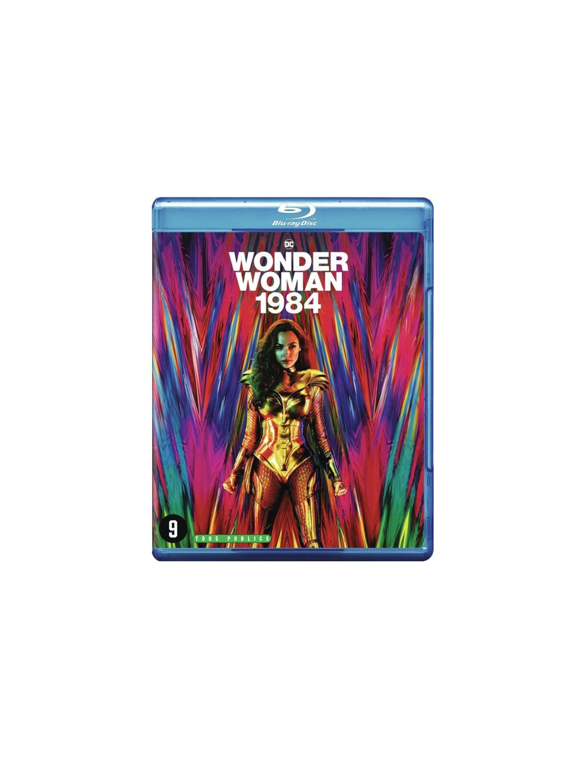 Affiche du film Wonder Woman 1984. Femme en armure dorée, fond coloré, boîtier de disque bleu.