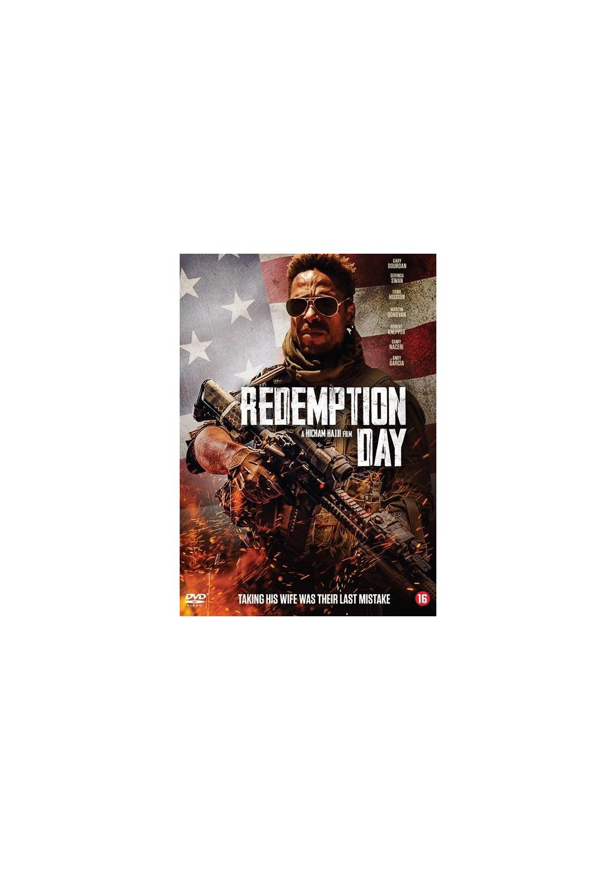 Filmposter. Een man die een geweer vasthoudt. Tekst: Redemption Day.