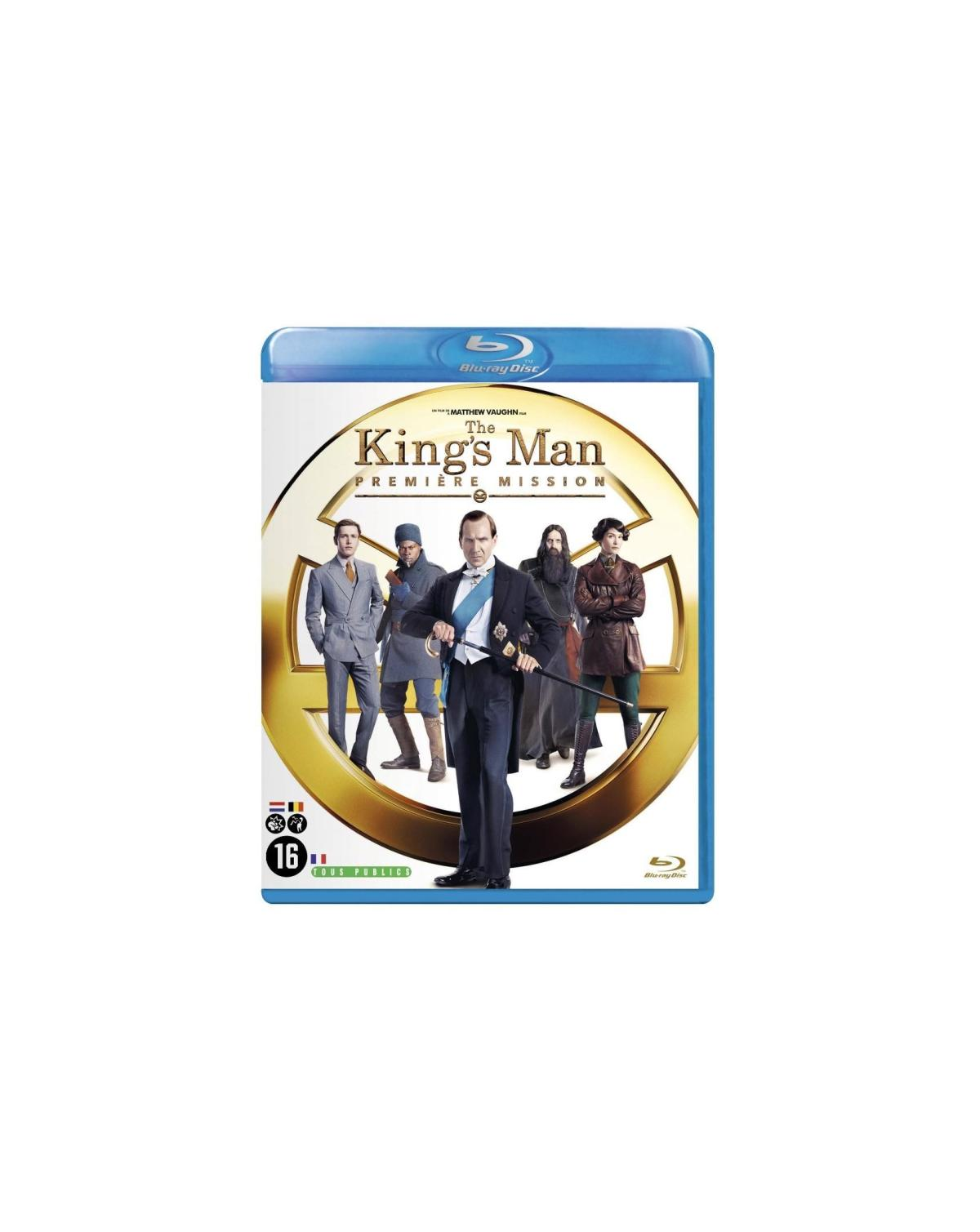 The King's Man DVD cover with men in suits, a Blu-ray disc, and a gold emblem.