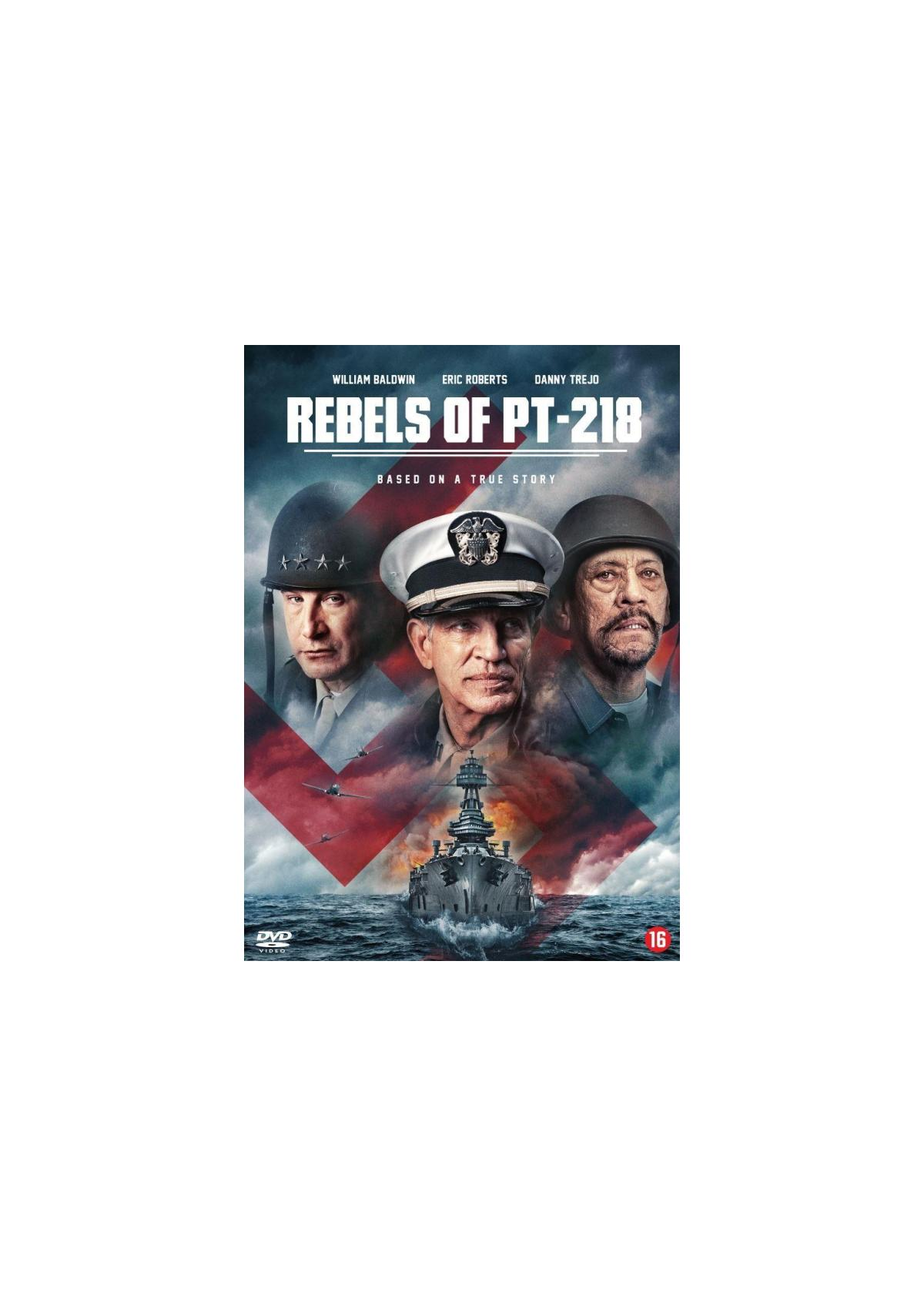 Rebels of PT-218 filmposter. Drie mannen met een slagschip op de achtergrond.