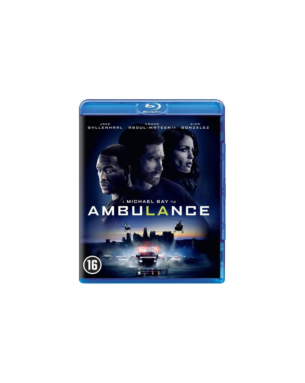 Movie poster of Ambulance with three actors' faces, the title Ambulance, and an ambulance in the city.