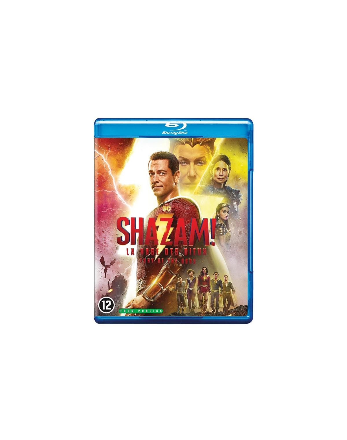 Couverture du film, 'Shazam!'. Acteur en costume rouge. Autres personnages et titre sur la couverture.