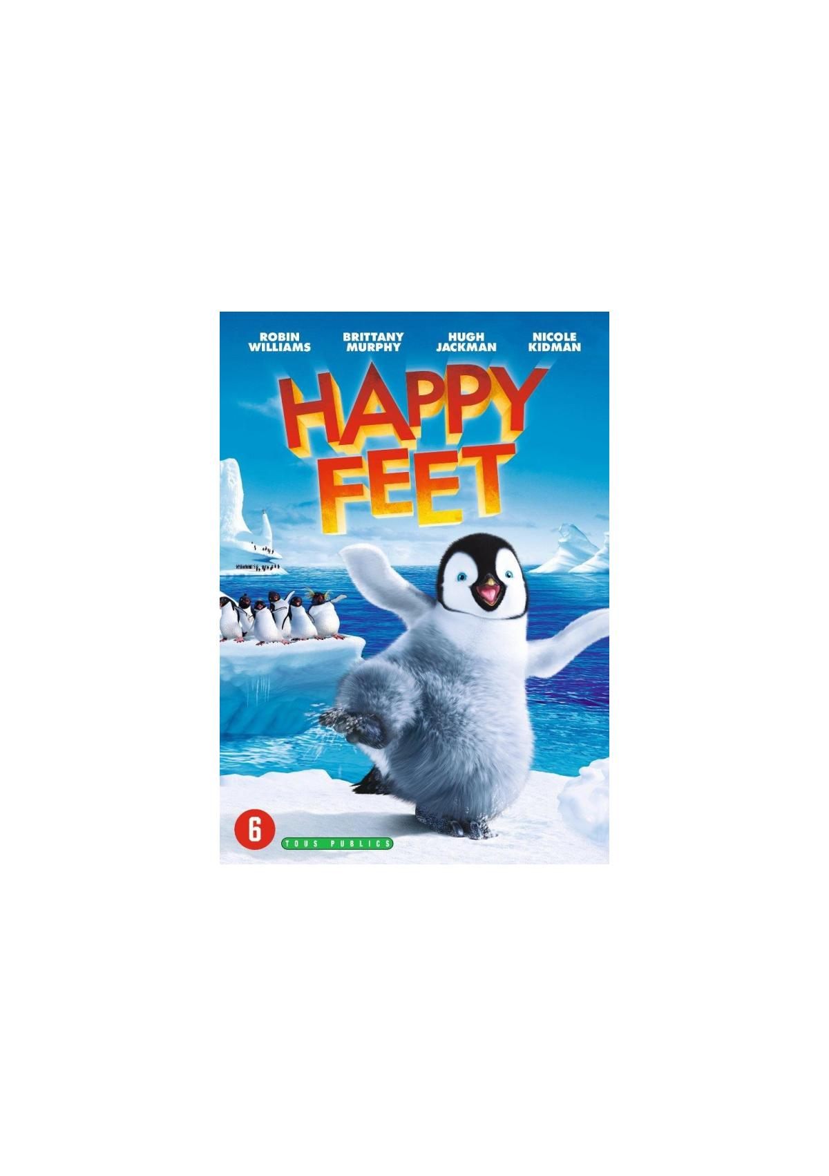 Couverture du DVD de Happy Feet. Un pingouin danse avec d'autres pingouins sur la glace. Le titre du film est dans le ciel.