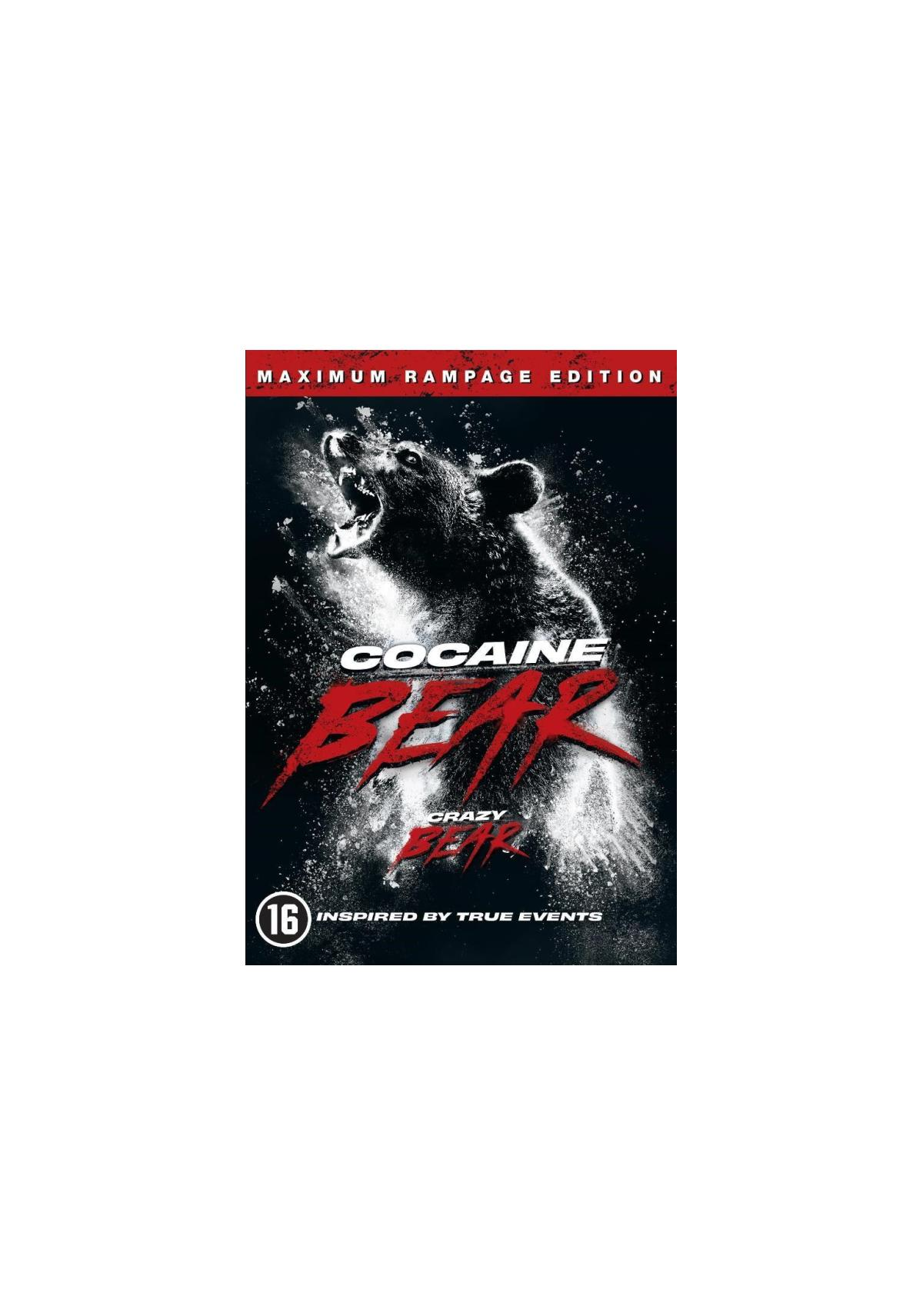 Filmposter 'Cocaine Bear'. Een beer brult met een rode titel erboven, de titel luidt 'Cocaine Bear'.