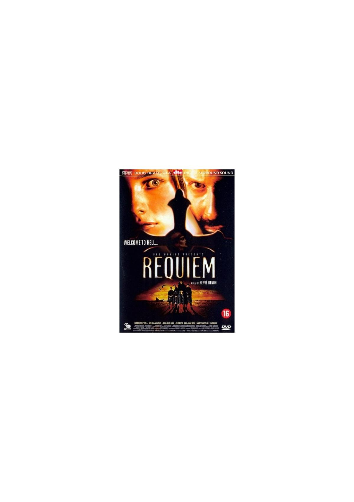 Affiche du film Requiem. Deux visages et une main sont au premier plan. Des gens sont en arrière-plan.