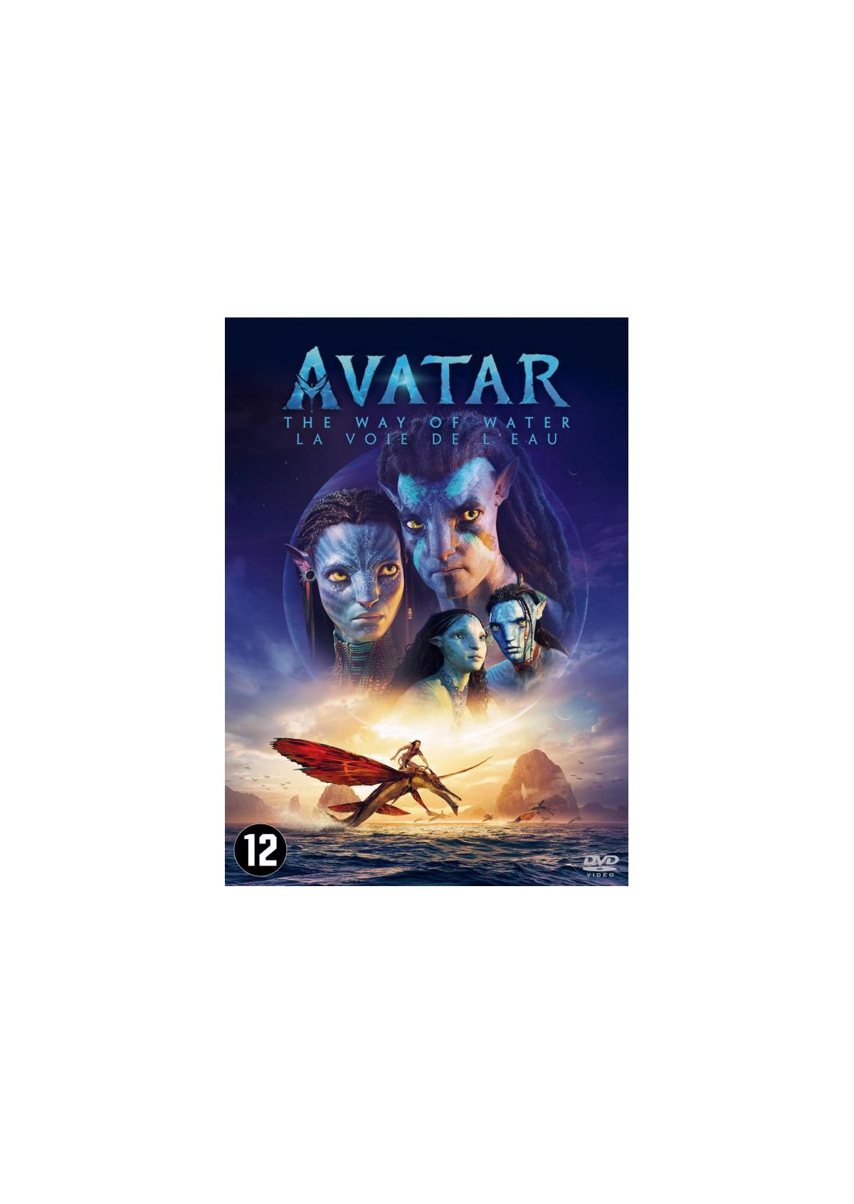 Filmposter voor 'Avatar: The Way of Water' met blauwe personages. Achtergrond oceaan.