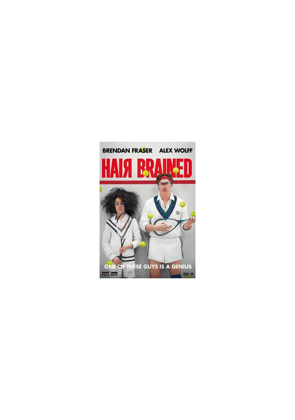 Affiche de film : Deux personnes jouant au tennis. Titre : Hair Brained. Des balles de tennis sont visibles.