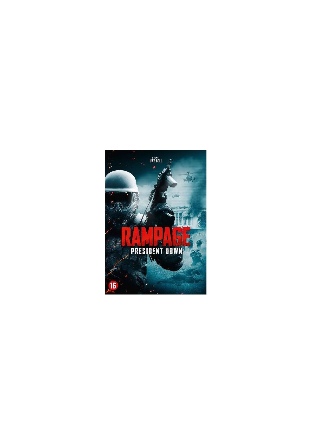 Affiche de film. Un soldat avec une arme. Le titre est 'Rampage: President Down'.