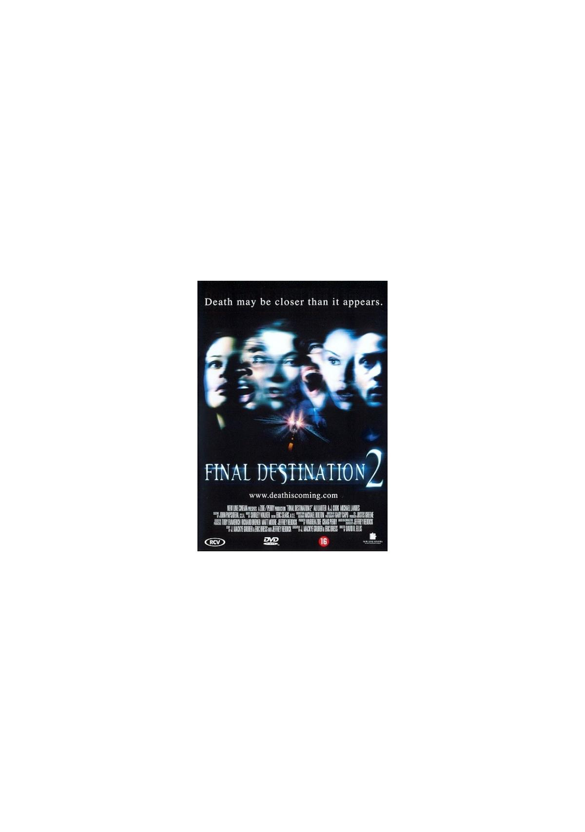 DVD-hoes 'Final Destination 2'. Verschillende gezichten van dichtbij, de titel staat eronder en is in het wit geschreven.