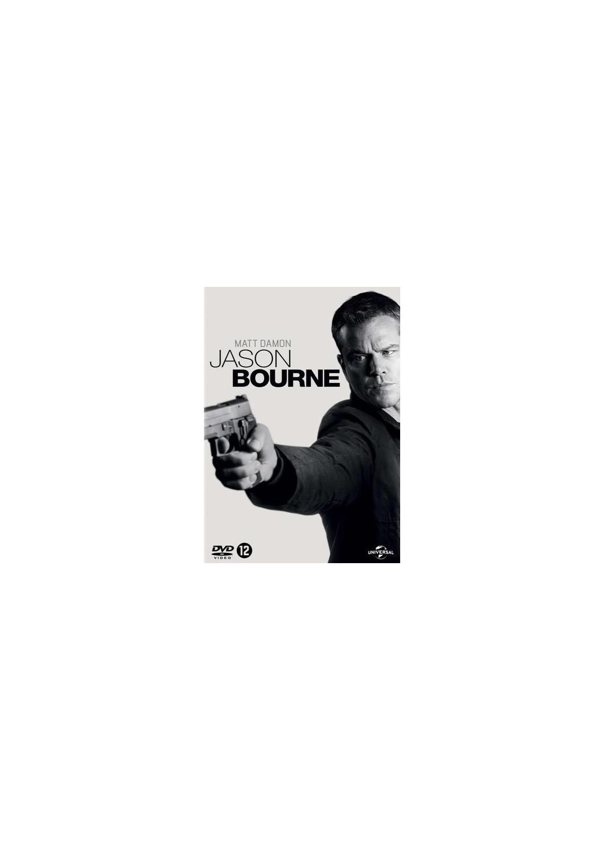 Filmposter 'Jason Bourne'. Matt Damon houdt een pistool vast. Zwart-wit.