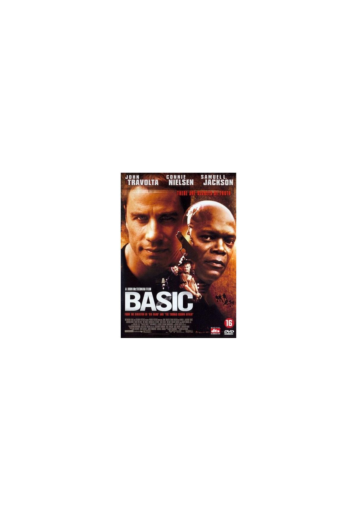 Couverture du DVD de Basic. Les visages de John Travolta et Samuel Jackson sont au centre. Le titre du film est en bas.
