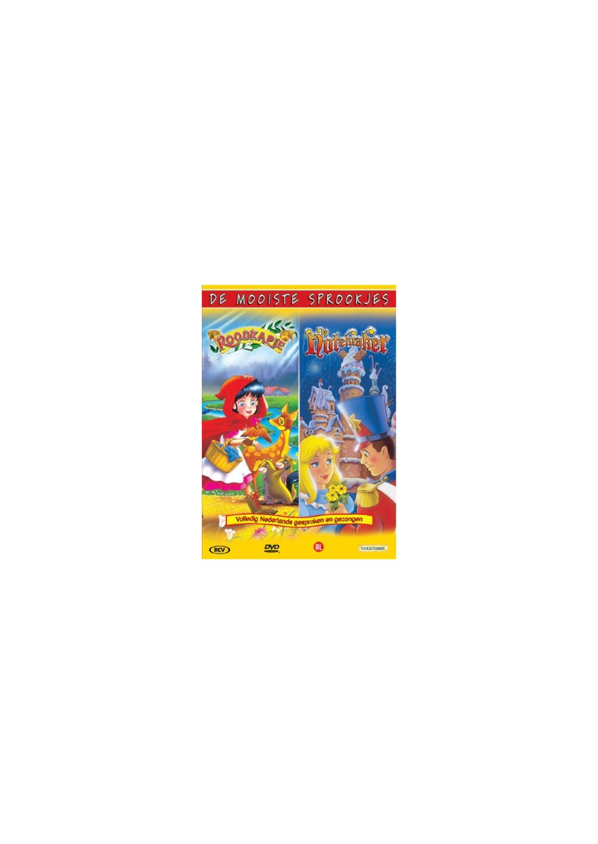 De Mooiste Sprookjes DVD-hoes: Cartoonafbeeldingen van Roodkapje en een prinses.