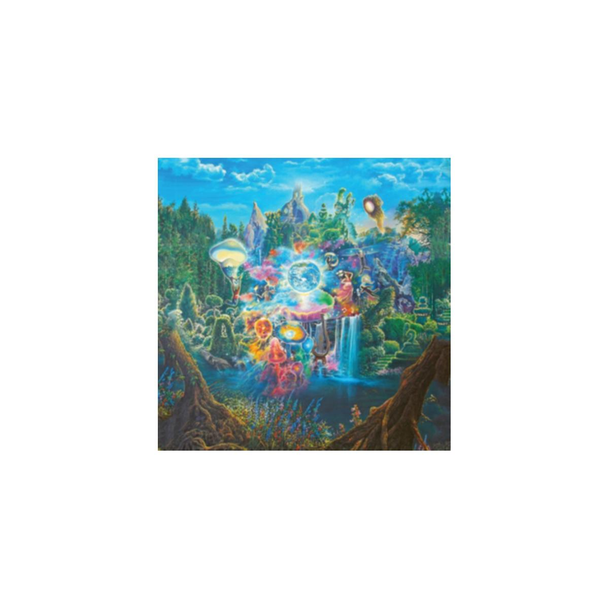 Albumhoes: Fantasiescène met waterval, bomen en figuren. Kleurrijk, helder en levendig.