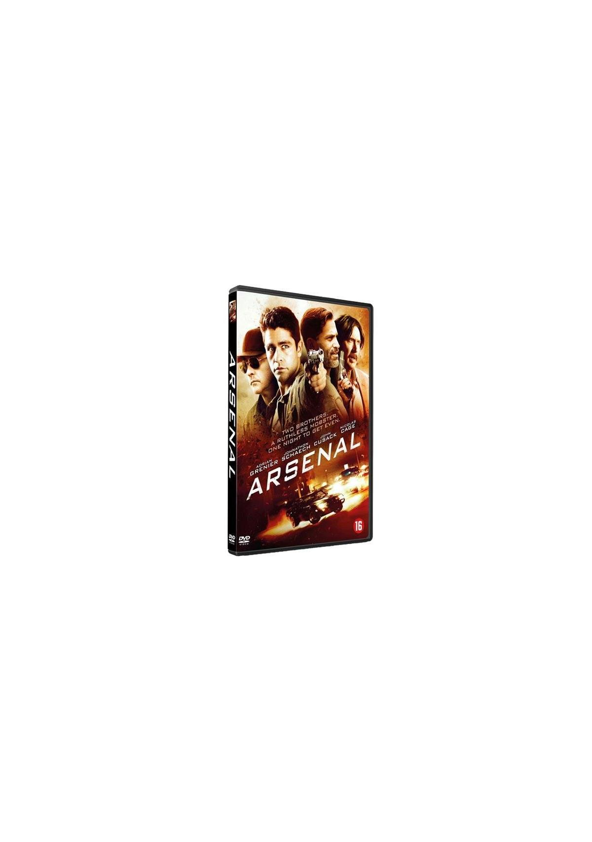 DVD-hoes voor de film Arsenal. Toont vier mannen in pakken, met een auto en een gebouw op de achtergrond.
