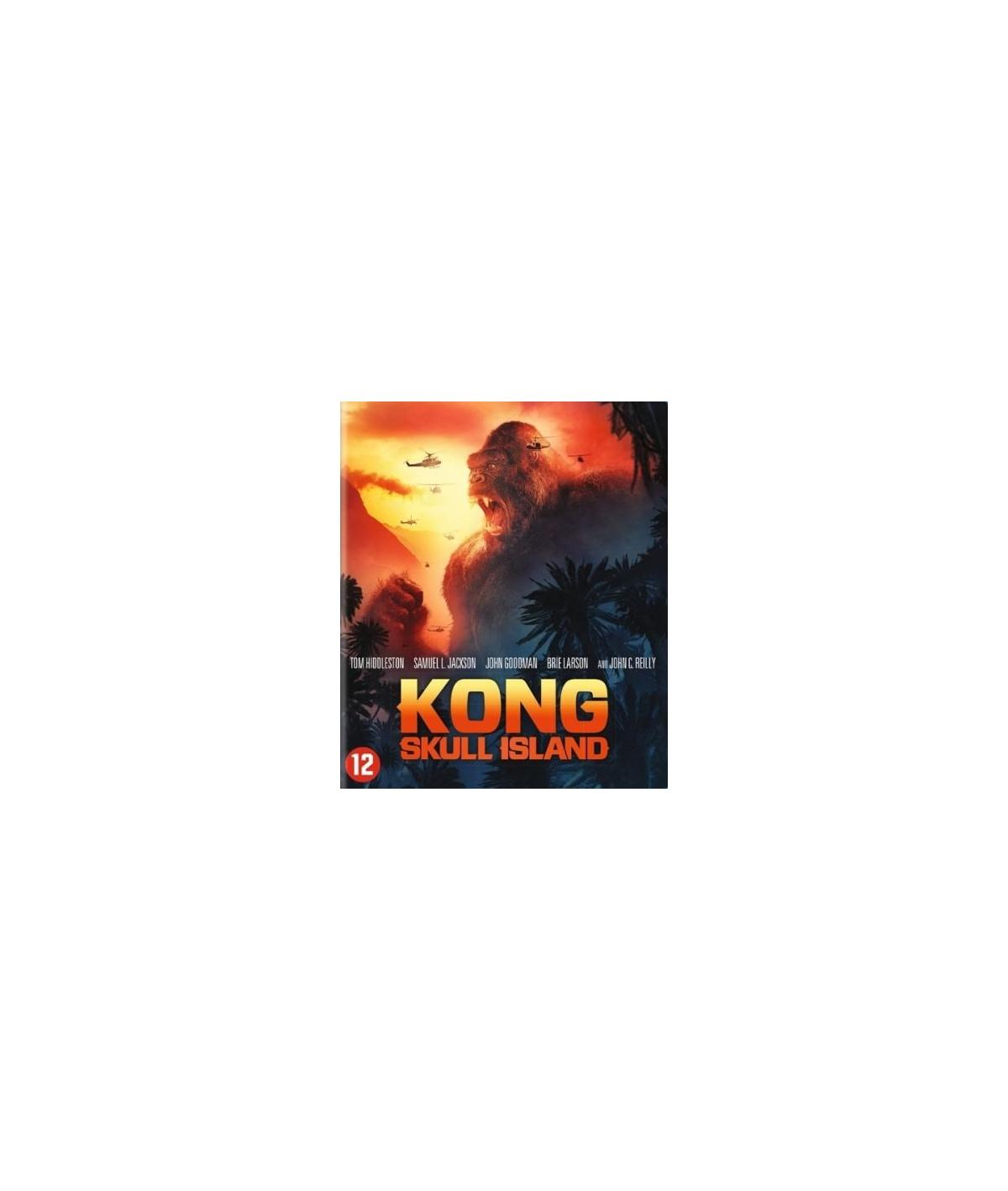 DVD-hoes: 'Kong: Skull Island' filmposter. Een gigantische gorilla brult. Helikopters vliegen. Jungle.