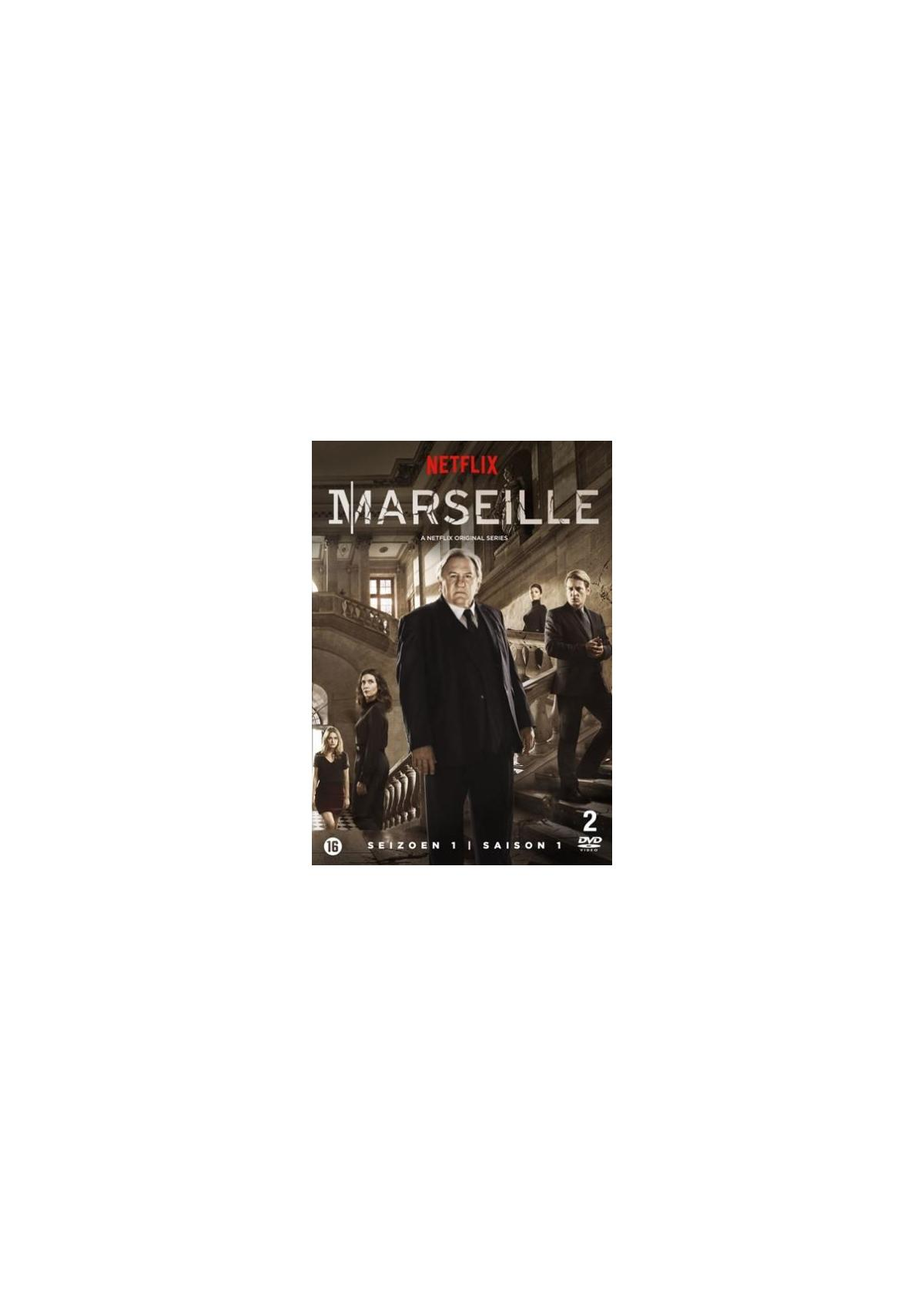Couverture DVD de la série Netflix 'Marseille' avec les acteurs devant un bâtiment.