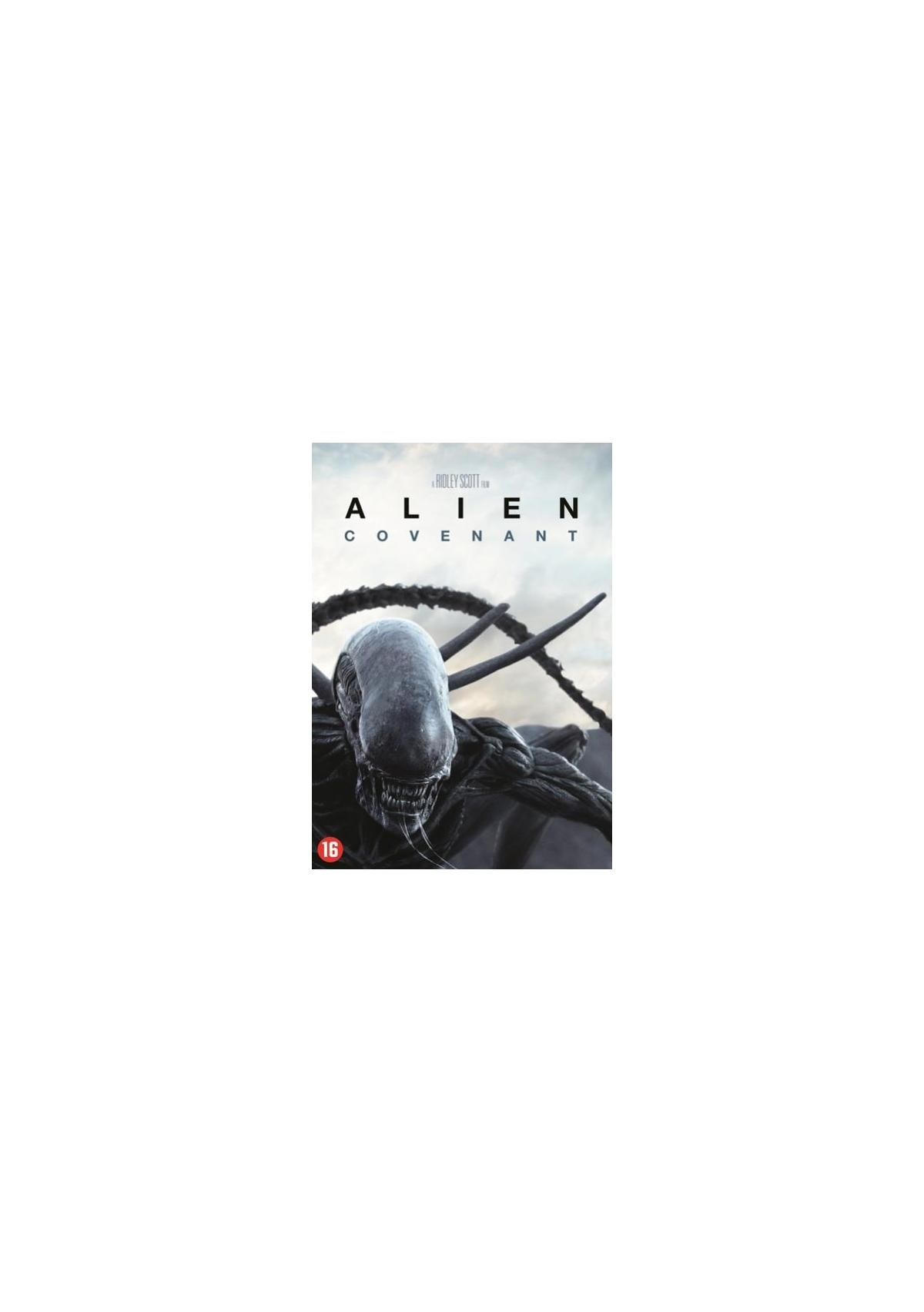 Affiche de film : créature extraterrestre, titre 'Alien: Covenant', fond sombre.