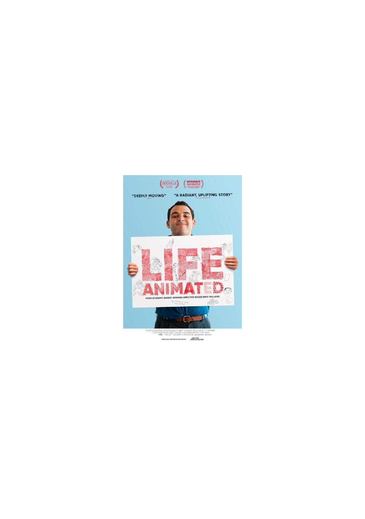 Filmposter 'Life, Animated'. Een man houdt een bord met tekst vast.