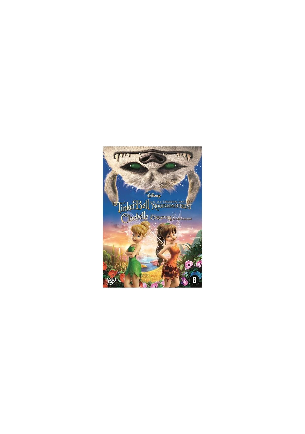 DVD-hoes. Twee feeën. Titel: Tinkerbell en de Legende van het Nooitgedachtbeest. Een monster bovenaan.