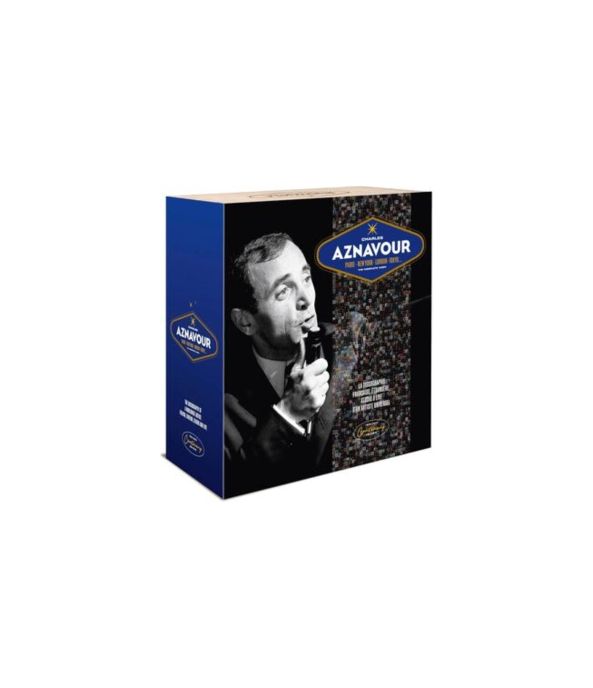 Cofanetto: Uomo con microfono, foto in bianco e nero. Titolo: Aznavour. Scatola blu.