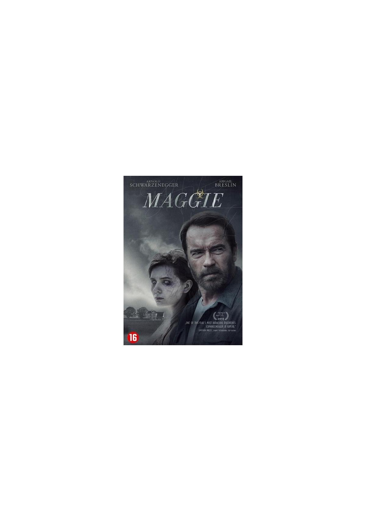 Filmposter met Arnold Schwarzenegger en een vrouw, getiteld 'Maggie'.