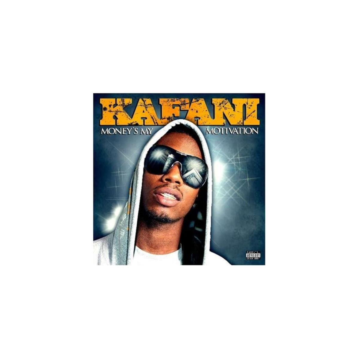 Pochette d'album avec un homme portant des lunettes de soleil. Le texte dit Kafani, Money's my Motivation. Fond bleu foncé.