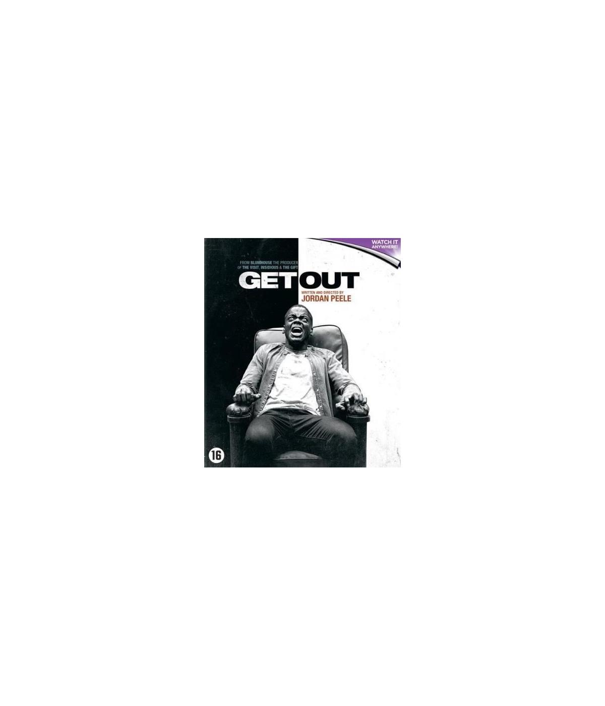 Filmposter voor Get Out. Een man schreeuwt, zittend op een stoel. De titel staat bovenaan.