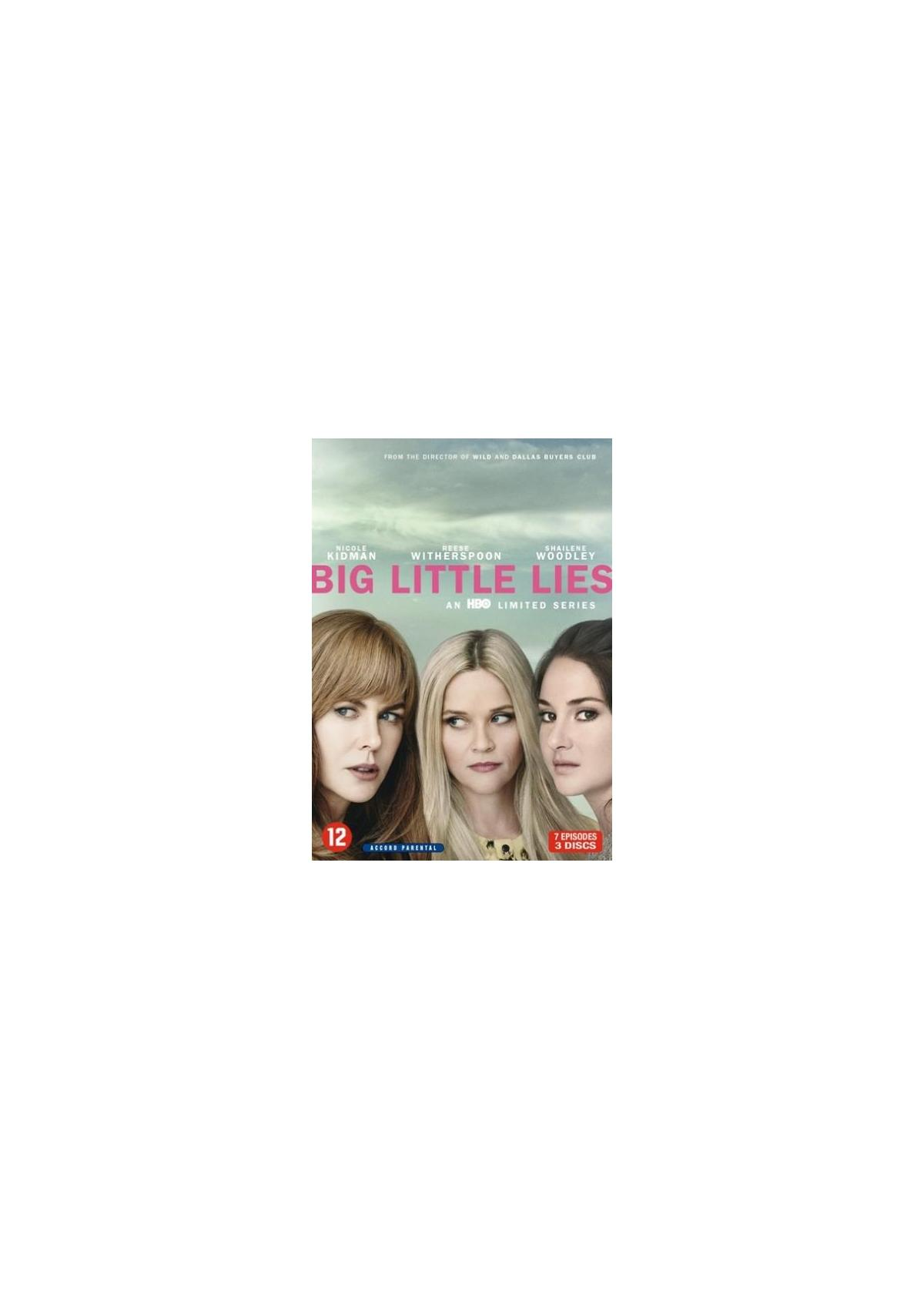 DVD-hoes van 'Big Little Lies'. Drie vrouwen kijken de kijker aan.
