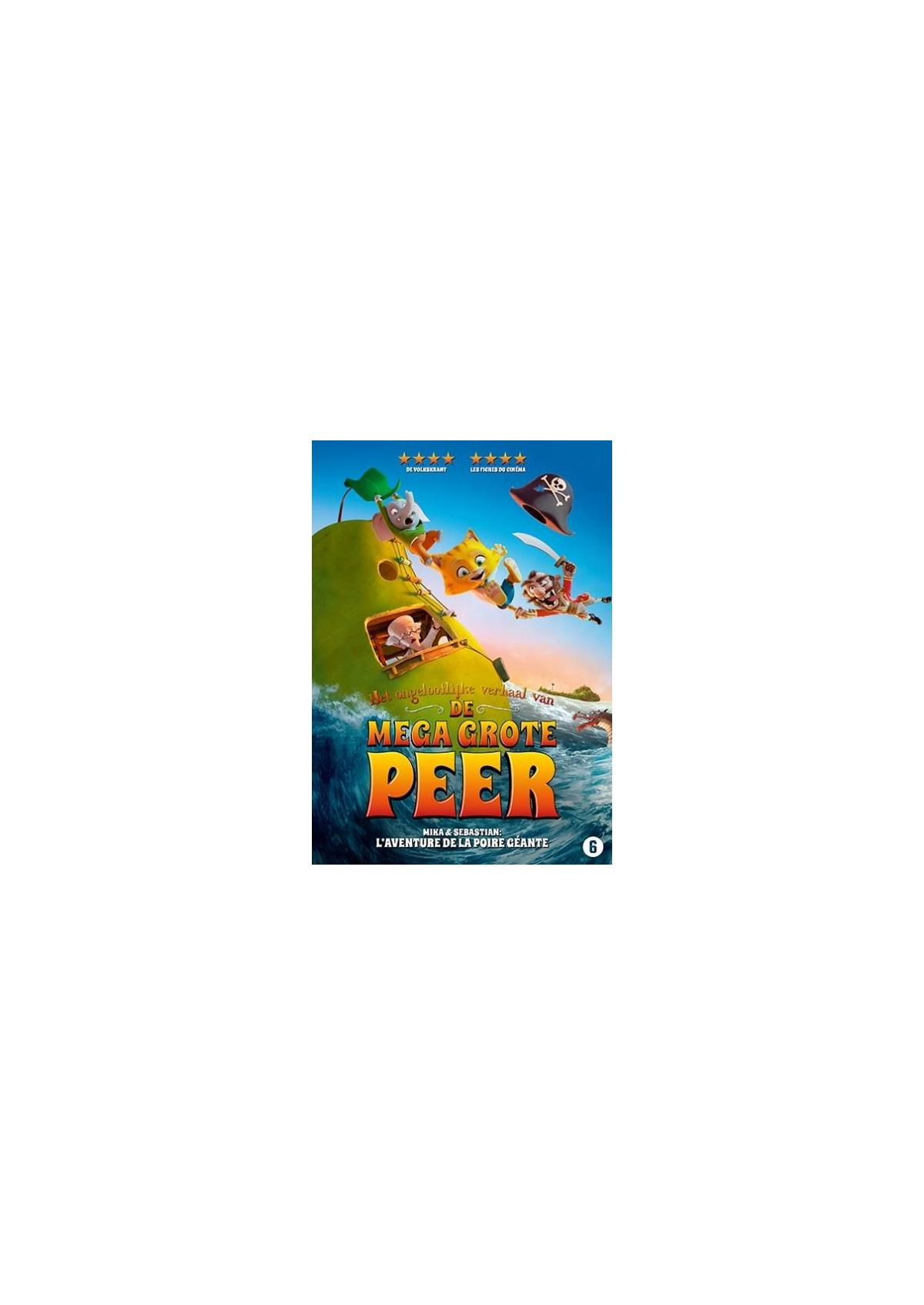 Affiche de film d'animation avec des personnages de dessins animés sur une poire géante. Le texte dit 'De Mega Grote Peer'.