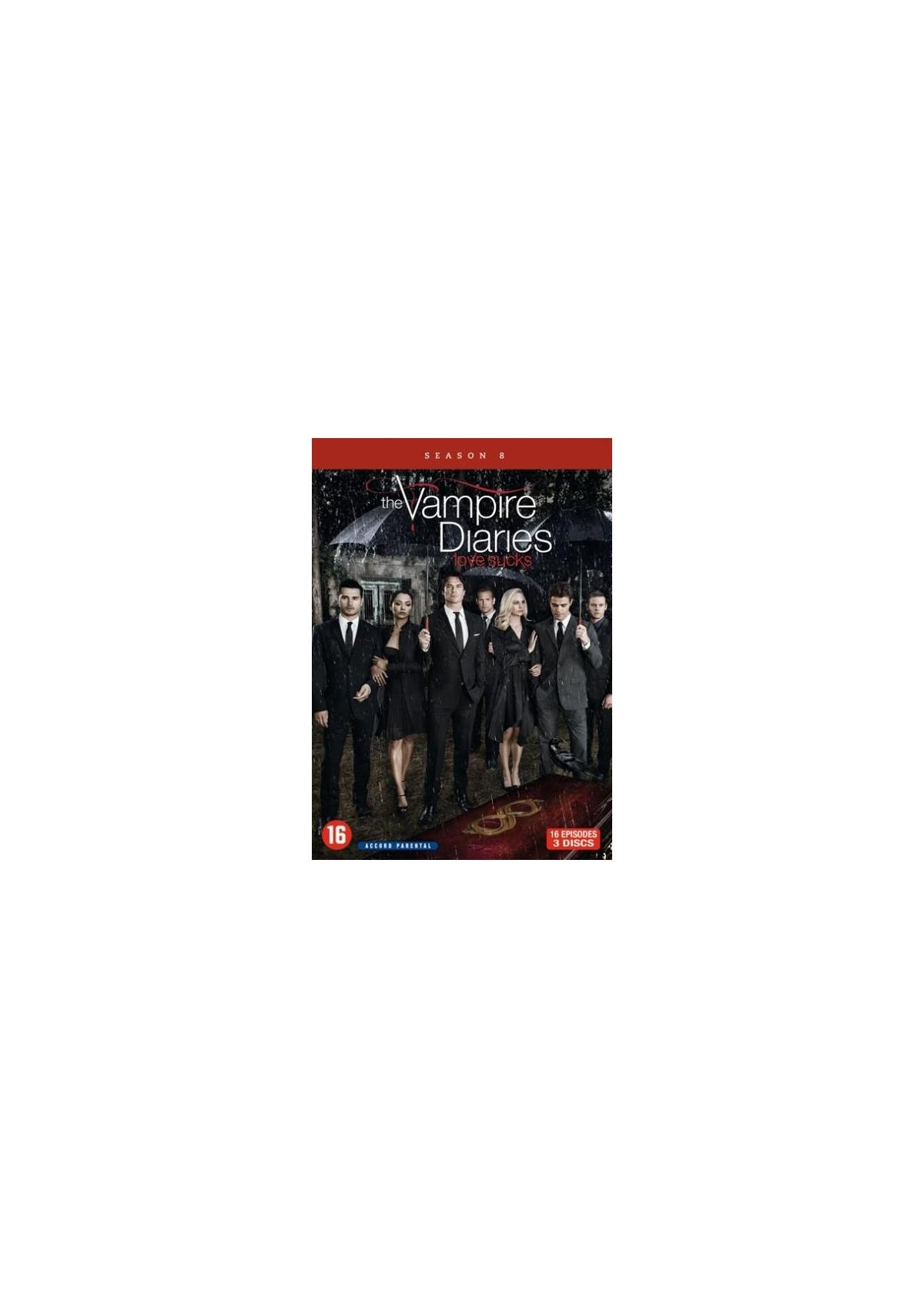 DVD-hoes met een groep mensen, tekst zegt: The Vampire Diaries.