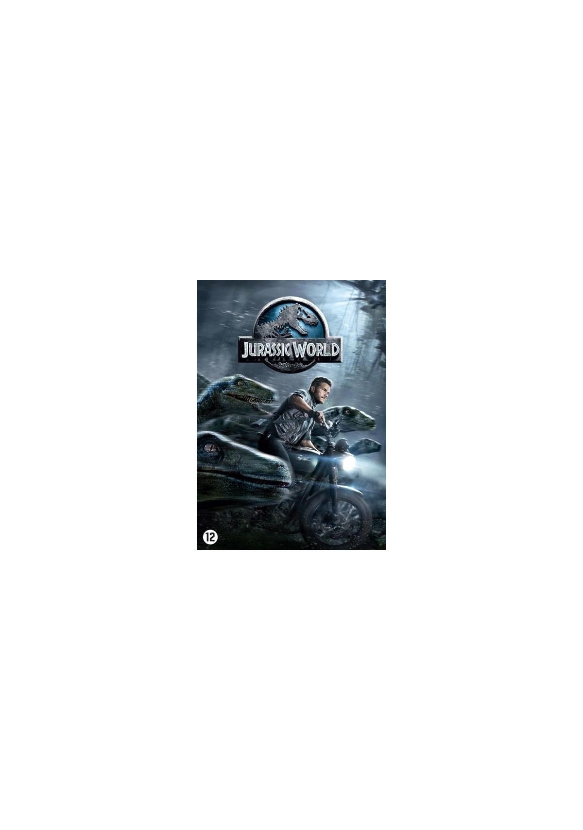 Jurassic World gamecover. Een man op een motor omringd door dinosaurussen. De titel staat bovenaan.