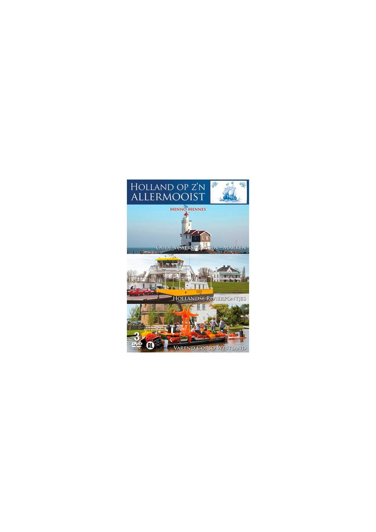 DVD-hoes: Holland Op Z'n Allermooist. Drie foto's: een vuurtoren, een gebouw en een boot in het water.