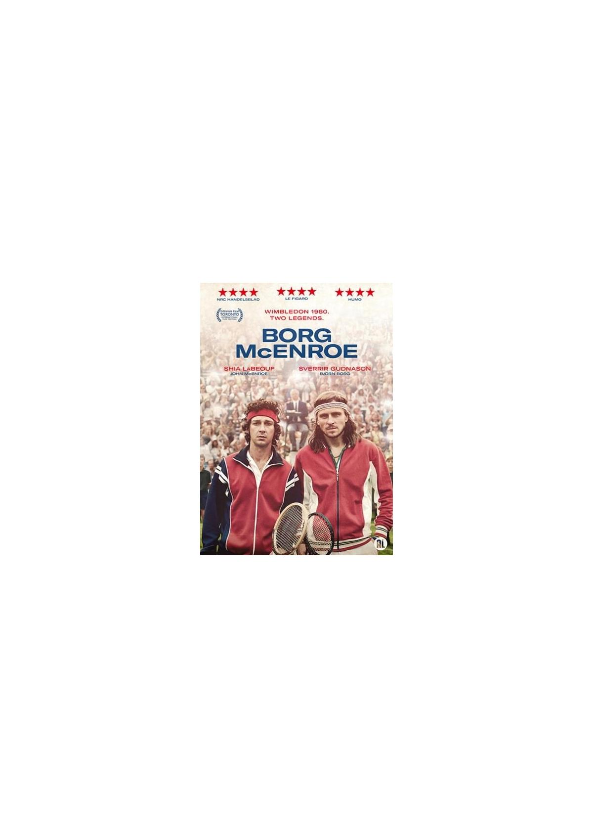 De cover van 'Borg McEnroe'. Twee mannen met tennisrackets.