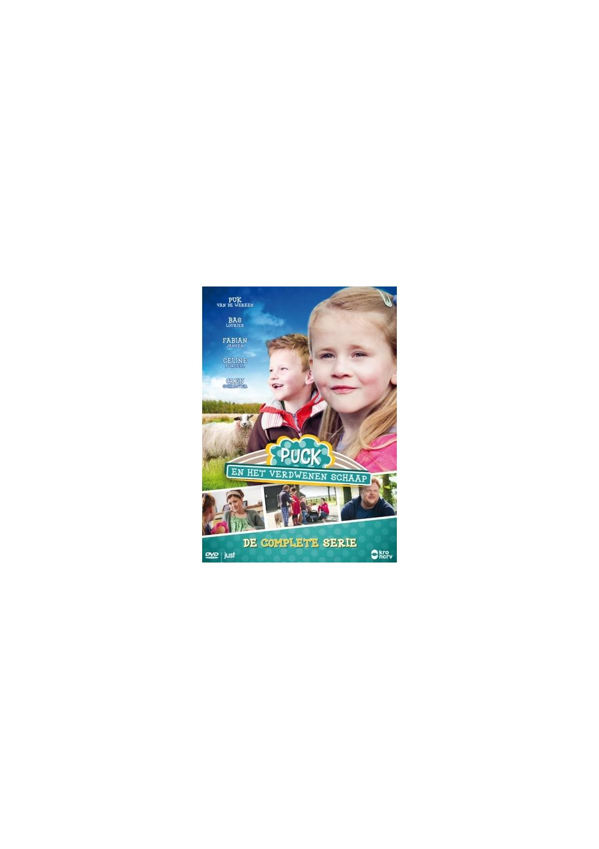 Puck en het Verdwenen Schaap DVD-cover. Een jongen en een meisje met een schaap.