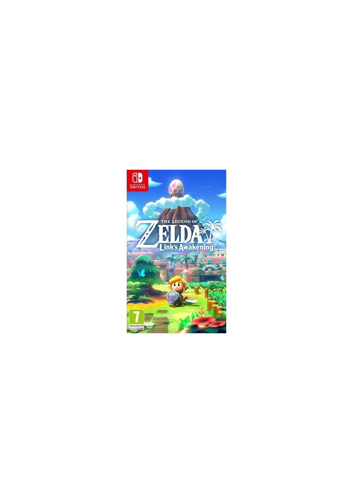 Gamecover van Zelda: Link's Awakening. Een held staat in een veld met een vulkaan op de achtergrond.